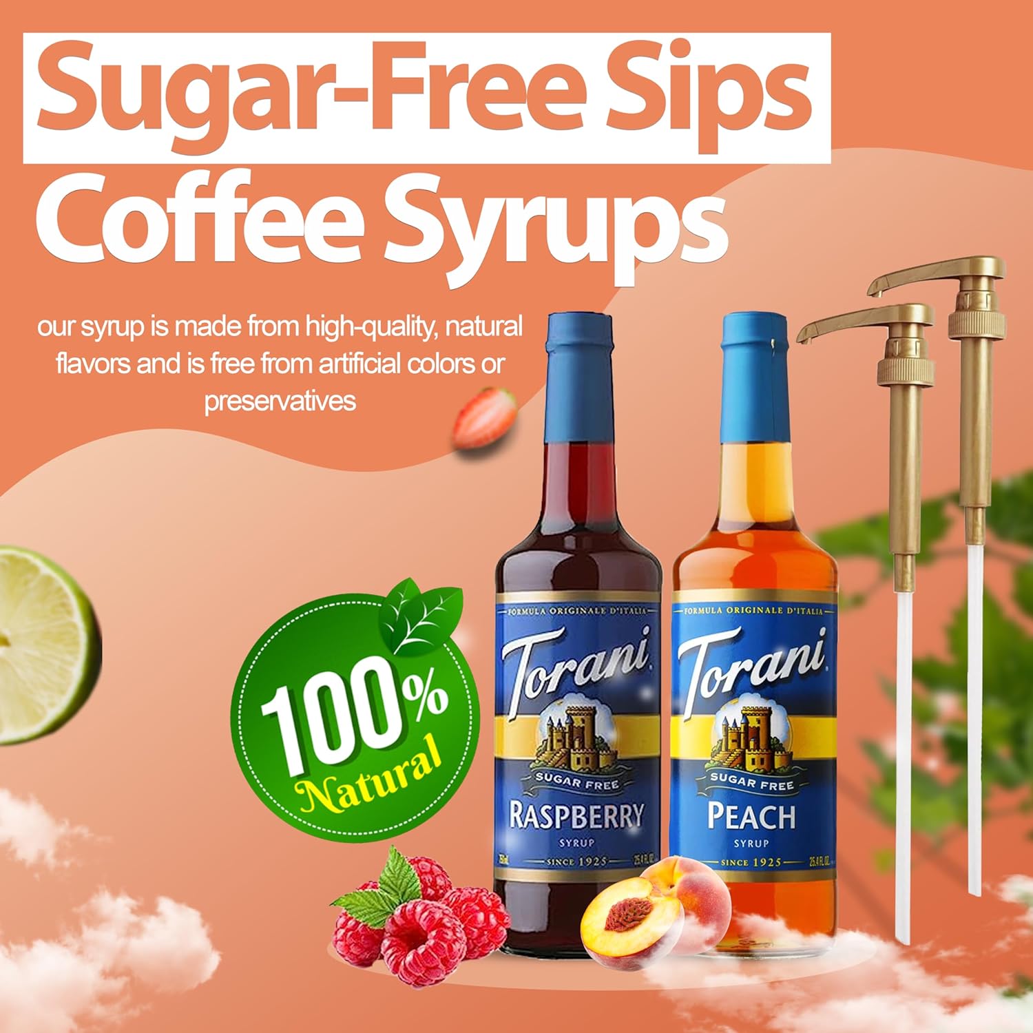 Coffee Syrup Variety Pack - Sugar Free Raspberry & Peach Syrup for Coffee with 2 Jimoco Syrup Pump Dispenser Compatible with Torani Syrup 25.4 Ounces for Raspberry & Peach Flavored Coffee, Italian Soda, Lattes, Frappes