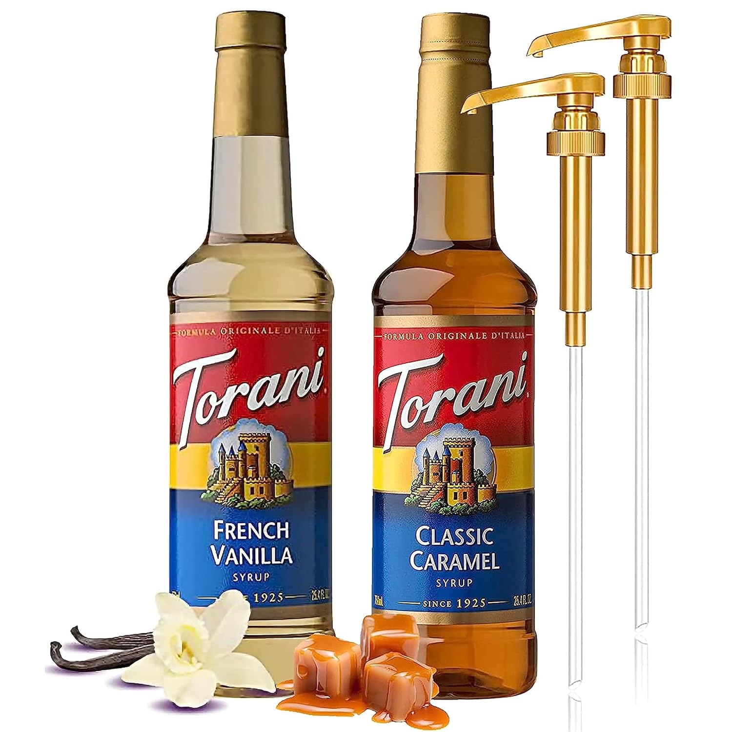 Torani Coffee Syrup Variety Pack - French Vanilla and Classic Caramel Syrup for Coffee with 2 Jimoco Syrup Pump Dispenser Compatible with Torani Syrup