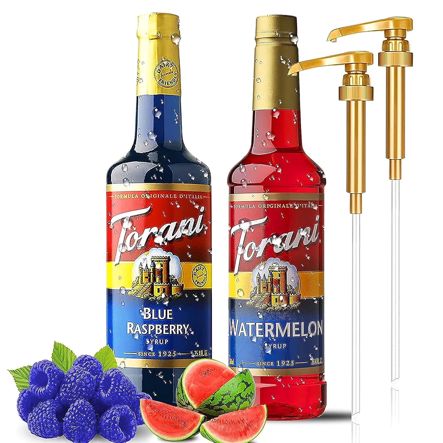 Torani Coffee & Tea Syrup Variety Pack - Watermelon and Blue Raspberry Syrup for Coffee with 2 Jimoco Syrup Pump Dispenser Compatible with Torani Syrup 25.4 Ounces for Watermelon and Blue Raspberry