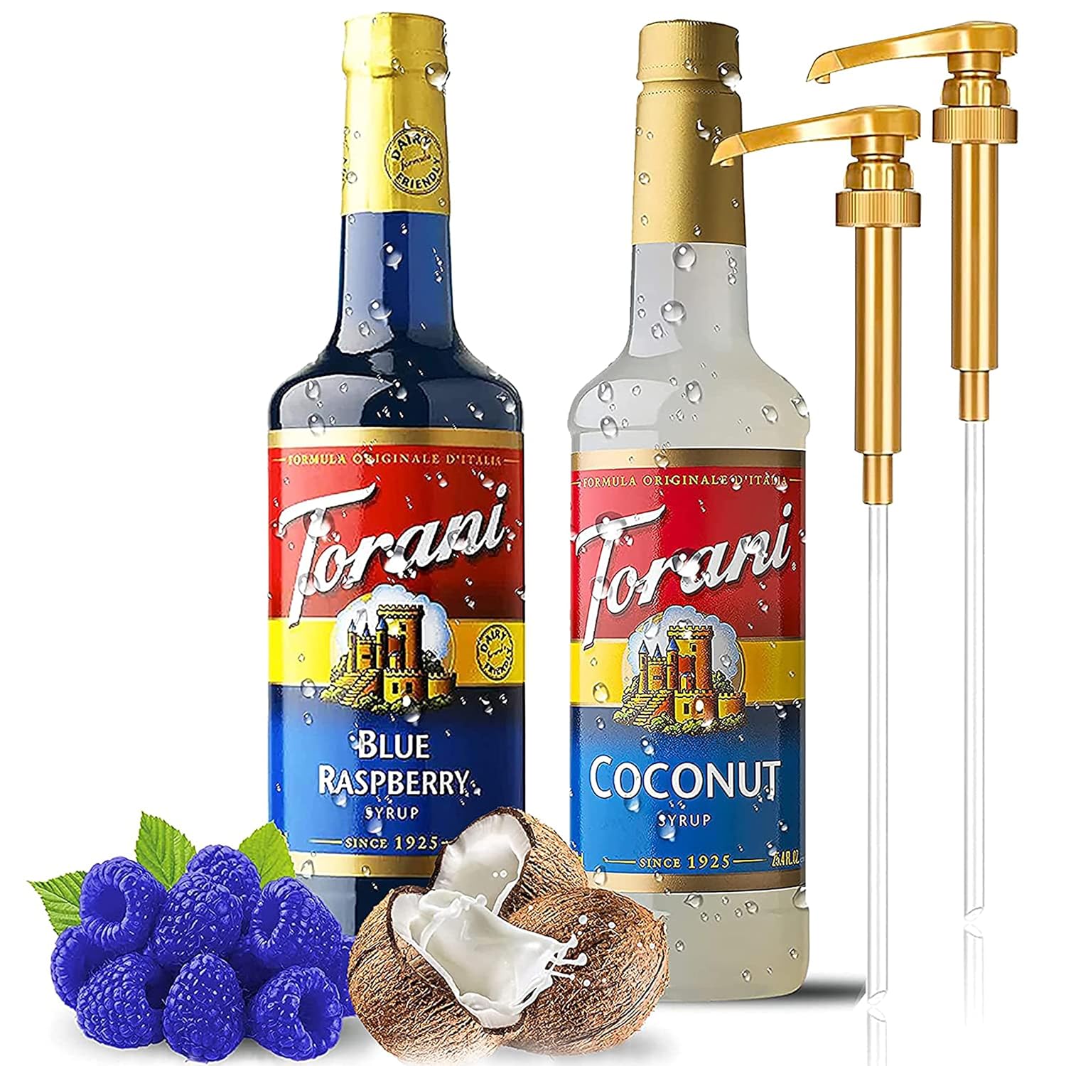 Torani Coffee Syrup Variety Pack - Blue Raspberry and Coconut Syrup for Coffee with 2 Jimoco Syrup Pump Dispenser Compatible with Torani Syrup