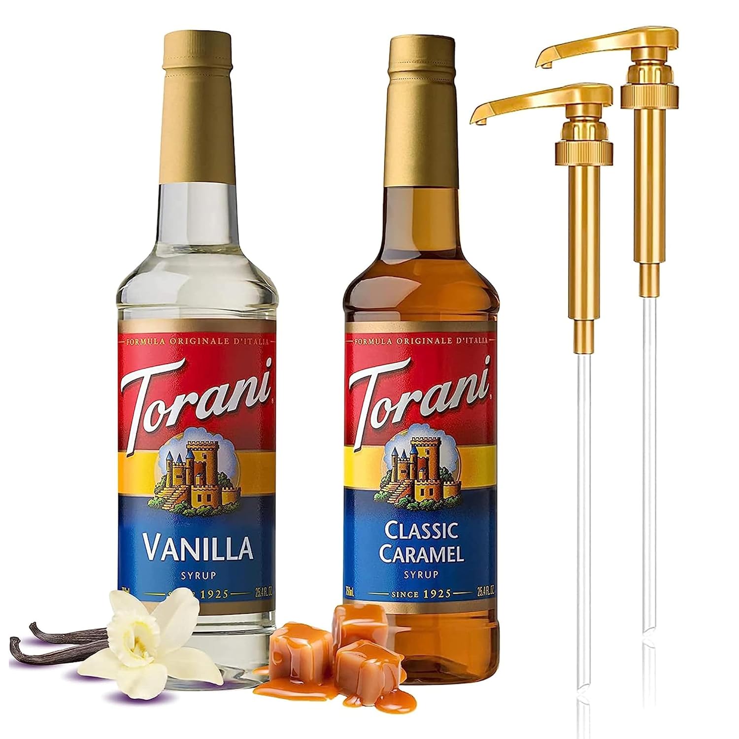 Torani Coffee Syrup Variety Pack - Vanilla and Caramel Syrup for Coffee with 2 Jimoco Syrup Pump Dispenser Compatible with Torani Syrup 25.4 Ounces for Vanilla and Caramel Flavored Coffee