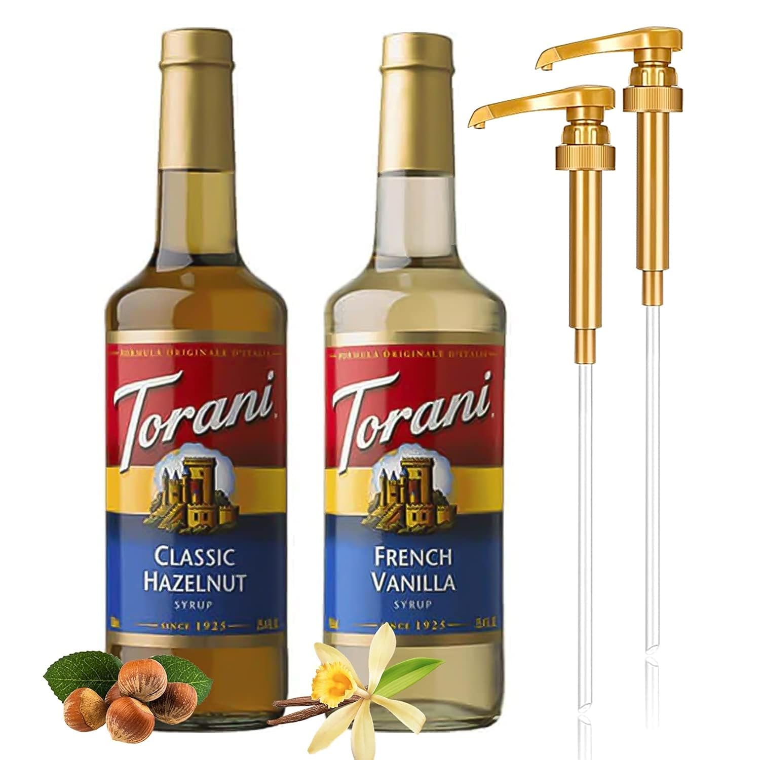 Torani Coffee Syrup Variety Pack - French Vanilla & Classic Hazelnut Syrup for Coffee with 2 Jimoco Syrup Pump Dispenser Compatible with Torani Syrup 25.4 Ounces