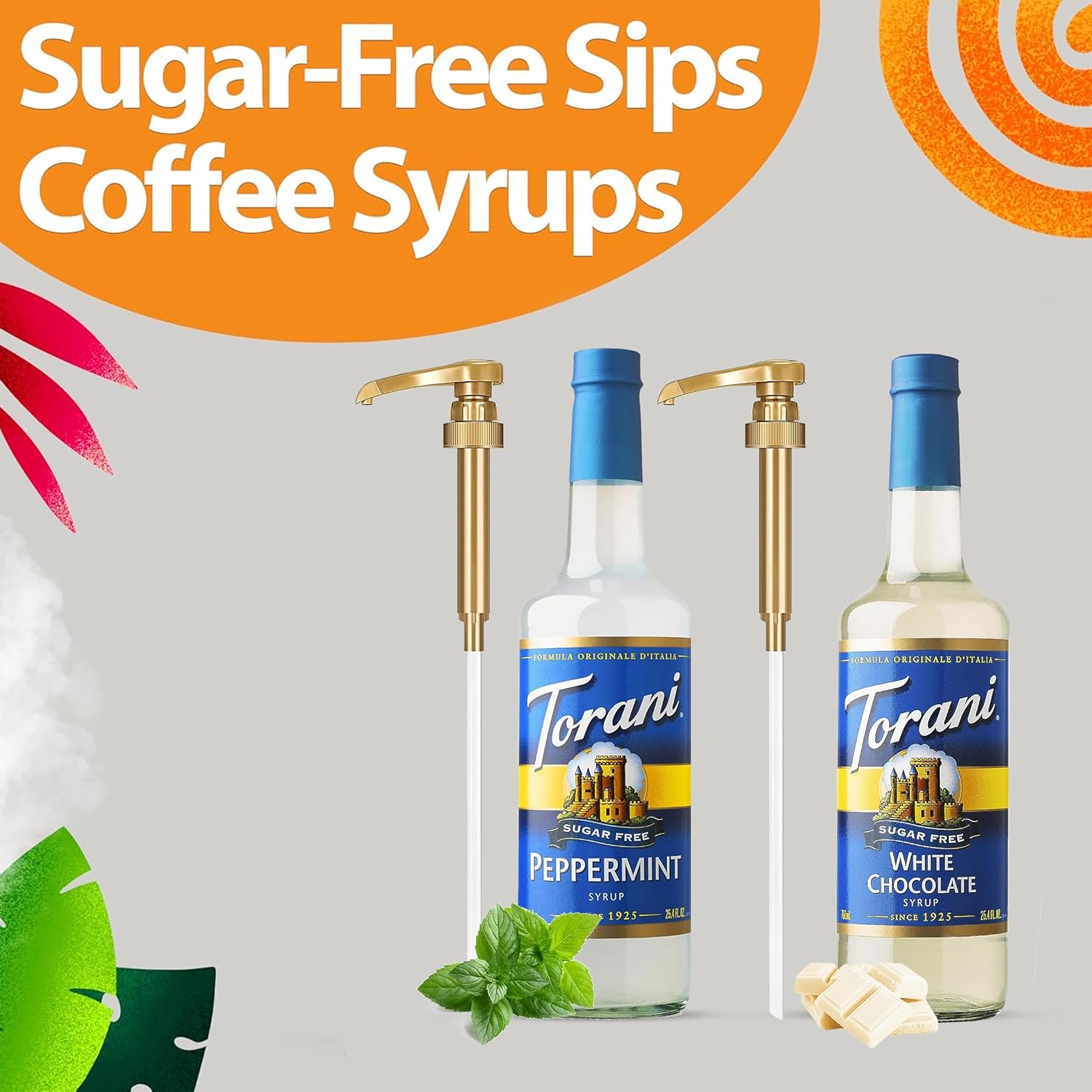 Torani Winter Flavors Coffee Syrup Variety Pack - Sugar Free Peppermint and White Chocolate Syrup for Coffee with 2 Jimoco Syrup Pump Dispenser Compatible with Torani Syrup - Flavoring For Coffe Soda Frappes Lattes