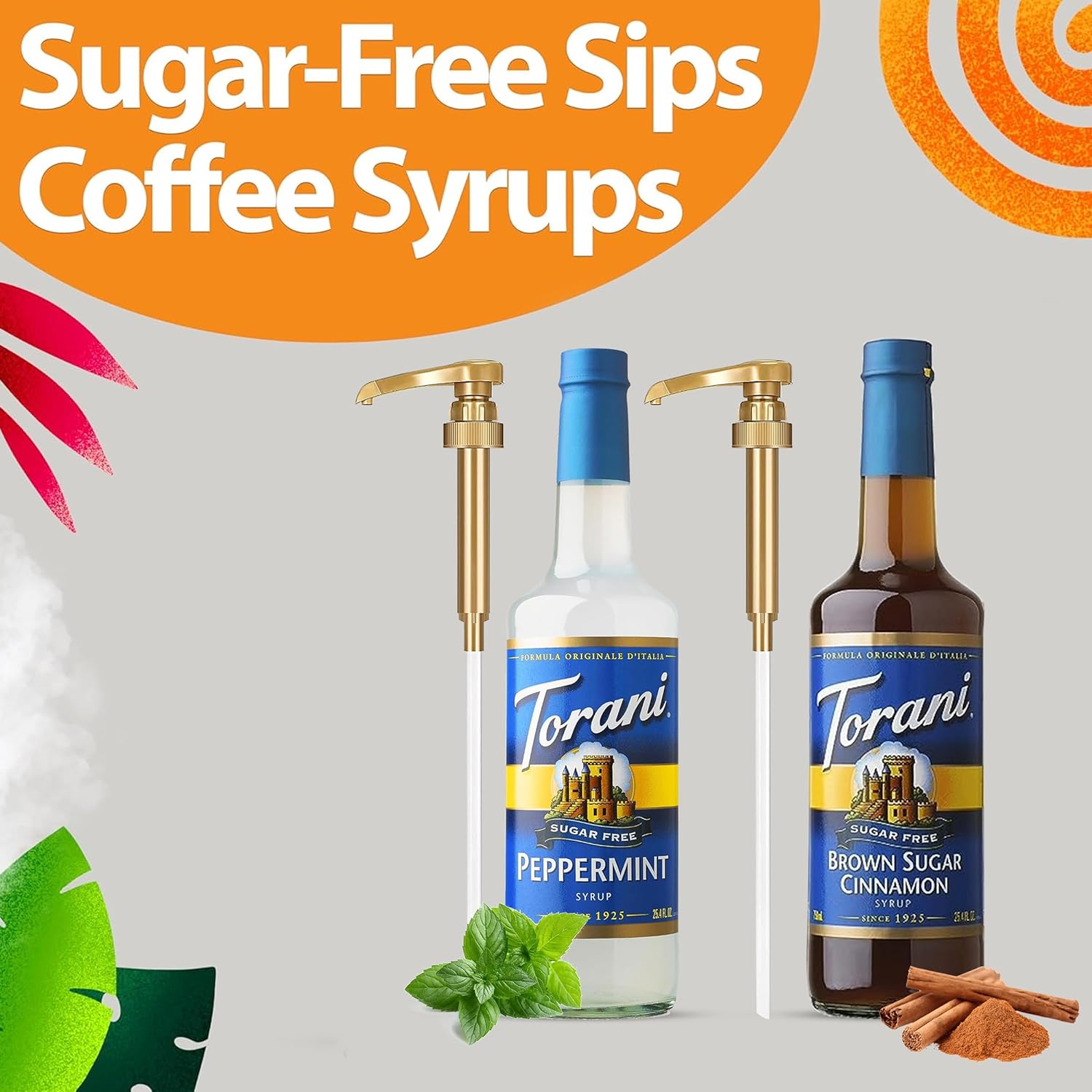 Torani Coffee Syrup Winter Flavors Variety Pack - Sugar Free Brown Sugar Cinnamon and Peppermint Syrup for Coffee with 2 Jimoco Syrup Pump Dispenser