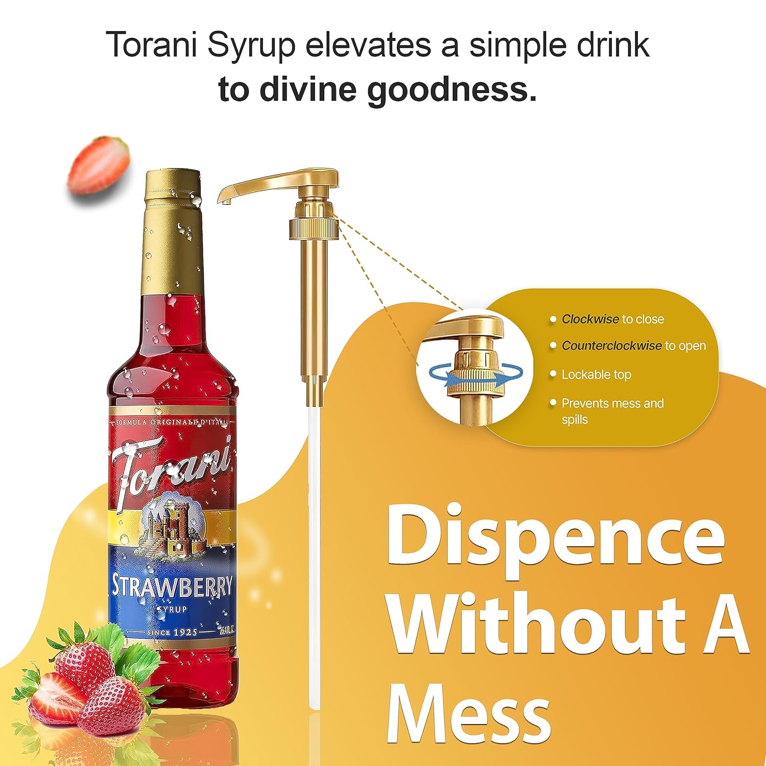 Jimoco Syrup Pumps, Compatible with Torani Syrup Bottles and Includes 1 of Each, French Vanilla and Classic Caramel 750 ml Coffee Syrup Flavoring (Raspberry& Strawberry)