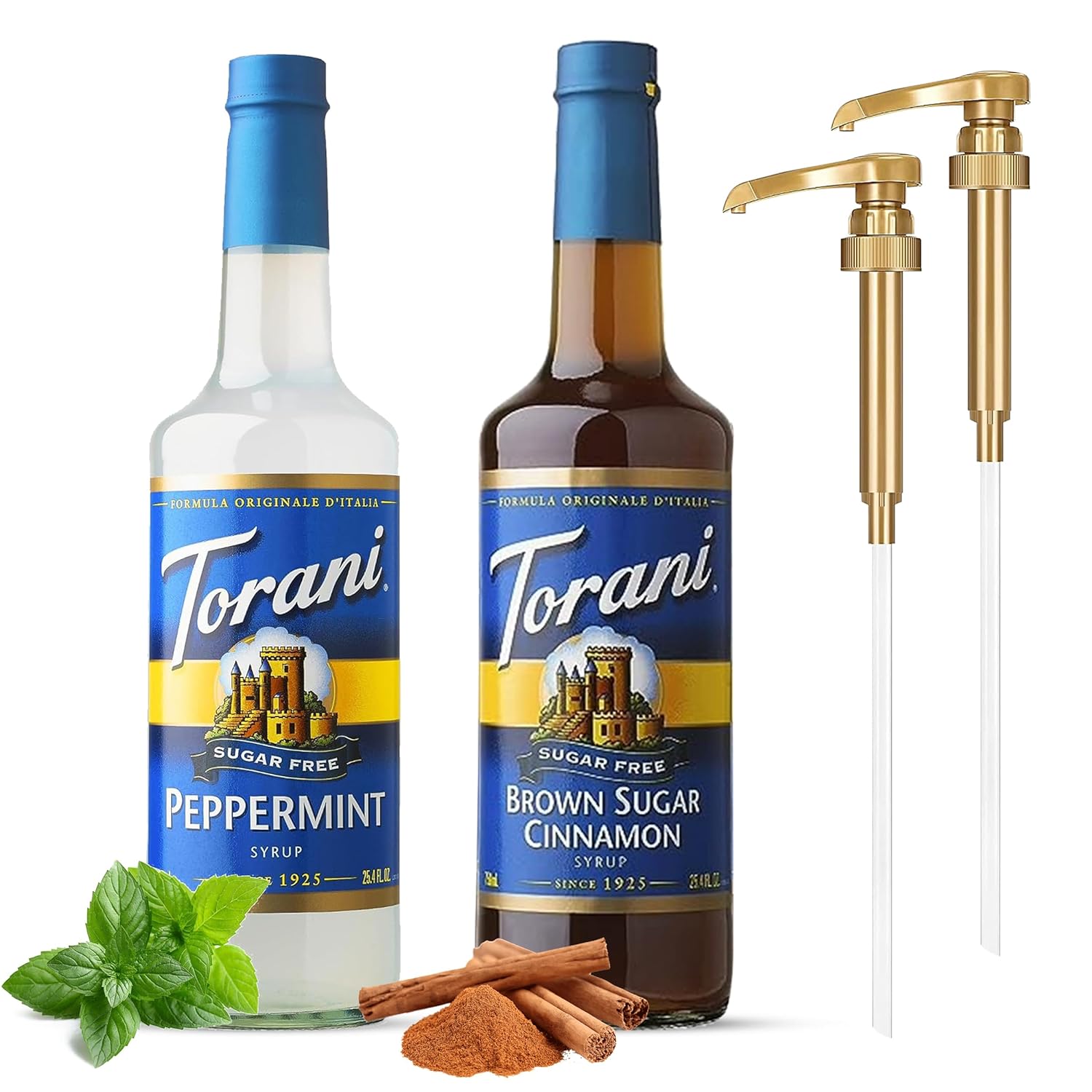 Torani Coffee Syrup Winter Flavors Variety Pack - Sugar Free Brown Sugar Cinnamon and Peppermint Syrup for Coffee with 2 Jimoco Syrup Pump Dispenser