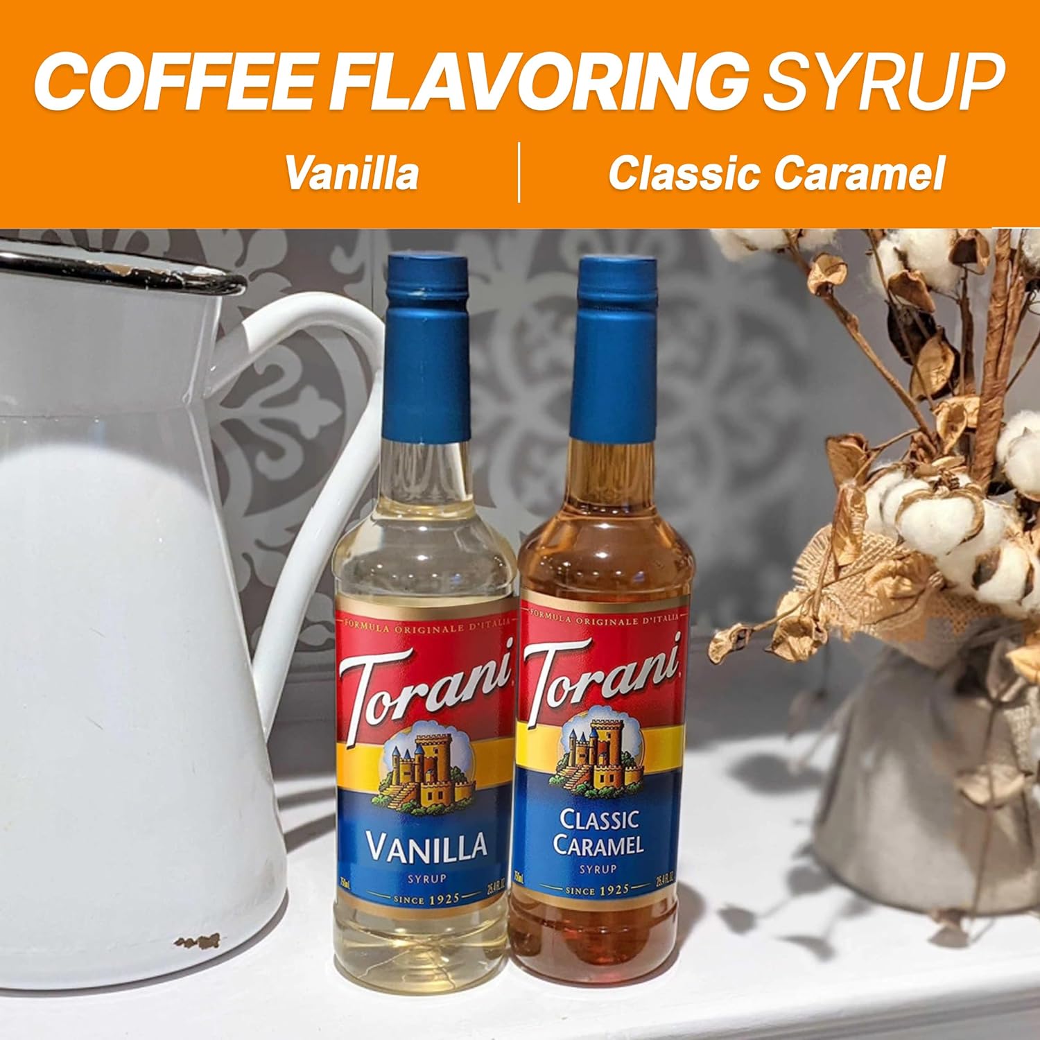 Torani Coffee Syrup Variety Pack - Vanilla and Caramel Syrup for Coffee with 2 Jimoco Syrup Pump Dispenser Compatible with Torani Syrup 25.4 Ounces for Vanilla and Caramel Flavored Coffee