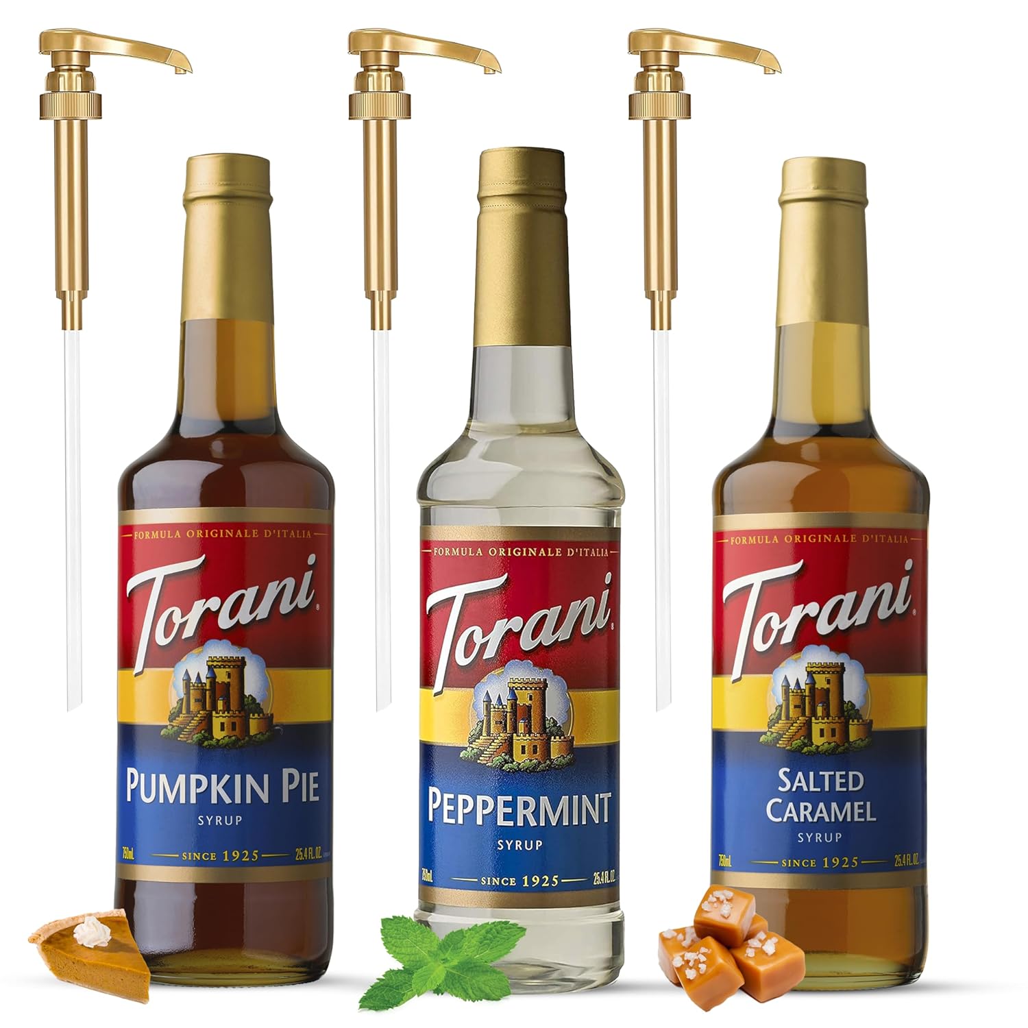 Torani Holiday Syrup Flavors - Pumpkin Pie, Peppermint & Salted Caramel Coffee Soda Flavoring Three - 25.4 OZ Bottles with 3 Jimoco Pump Dispensers