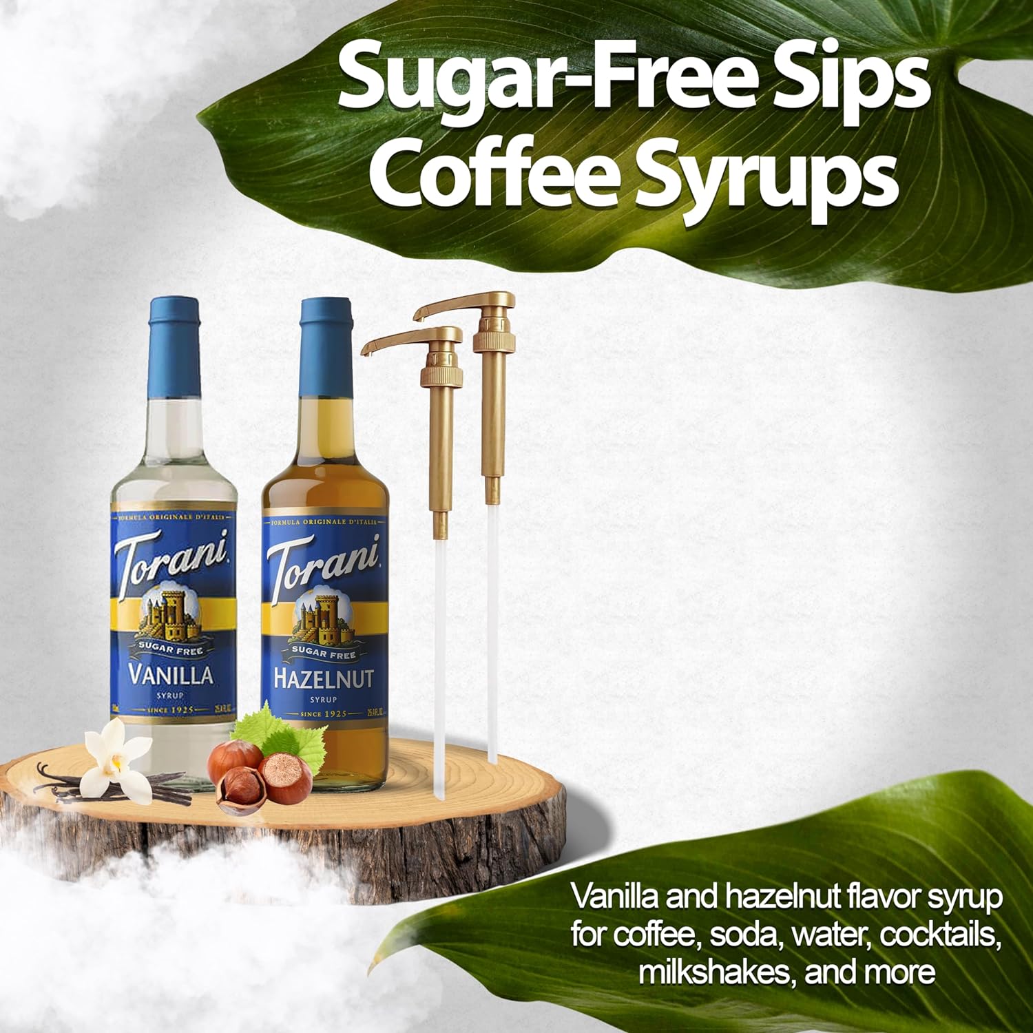 Torani Coffee Syrup Variety Pack - Sugar Free Vanilla & Hazelnut Syrup for Coffee with 2 Jimoco Syrup Pump Dispenser Compatible with Torani Syrup - Flavoring For Coffe, Soda, Frappes, Lattes