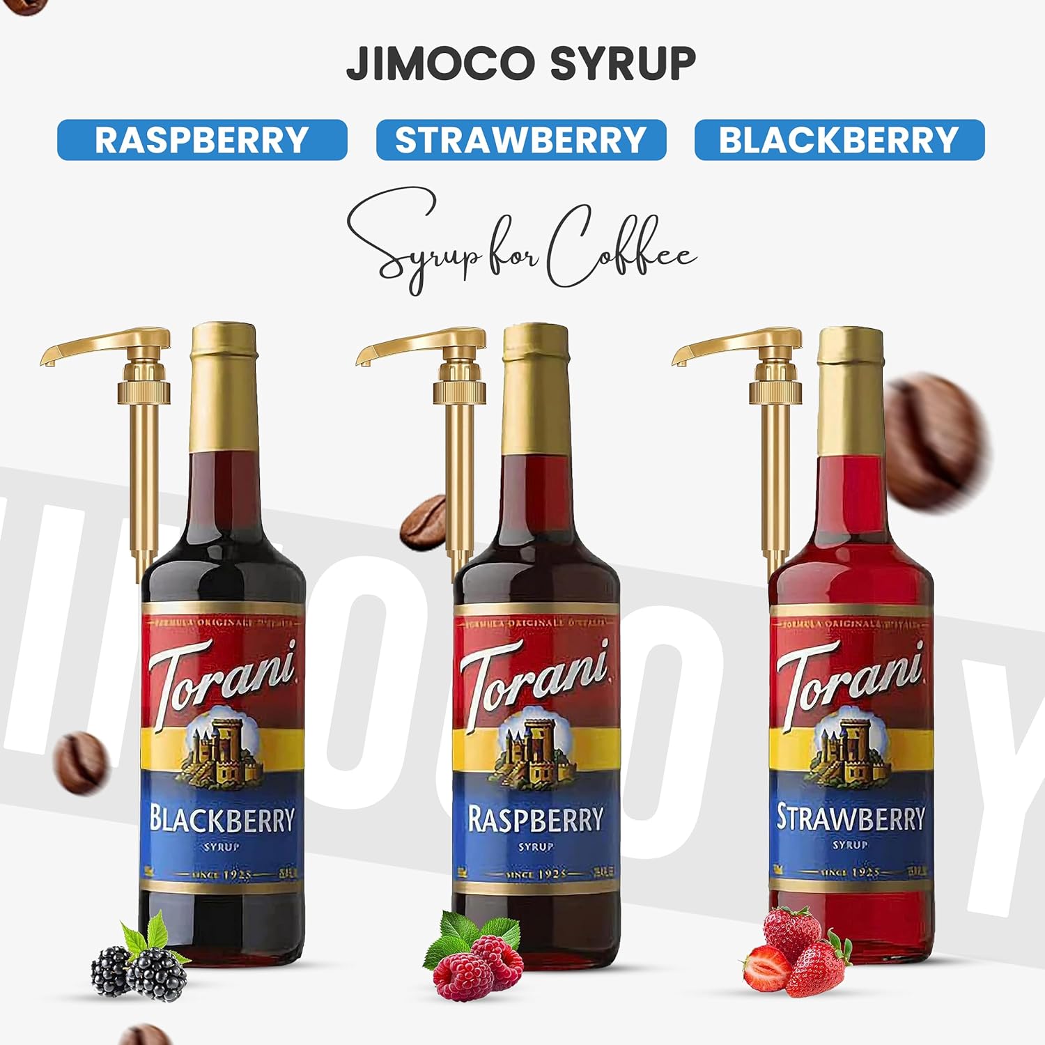 Torani Berry Lovers Raspberry, Strawberry, Blackberry - Syrup For Italian Soda Flavoring 3 Pack with 3 Jimoco Pump Dispensers