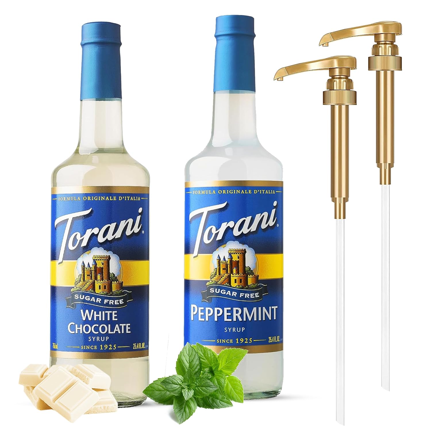 Torani Winter Flavors Coffee Syrup Variety Pack - Sugar Free Peppermint and White Chocolate Syrup for Coffee with 2 Jimoco Syrup Pump Dispenser Compatible with Torani Syrup - Flavoring For Coffe Soda Frappes Lattes