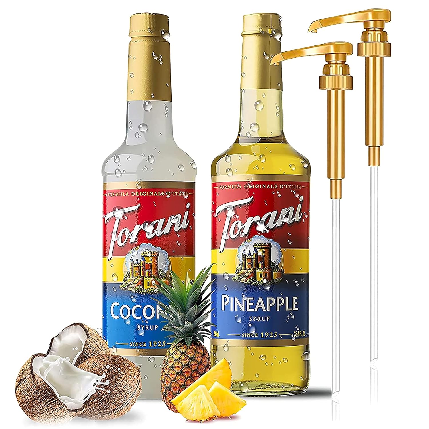 Torani Coffee Syrup Variety Pack - Pineapple and Coconut Syrup for Coffee with 2 Jimoco Syrup Pump Dispenser Compatible with Torani Syrup