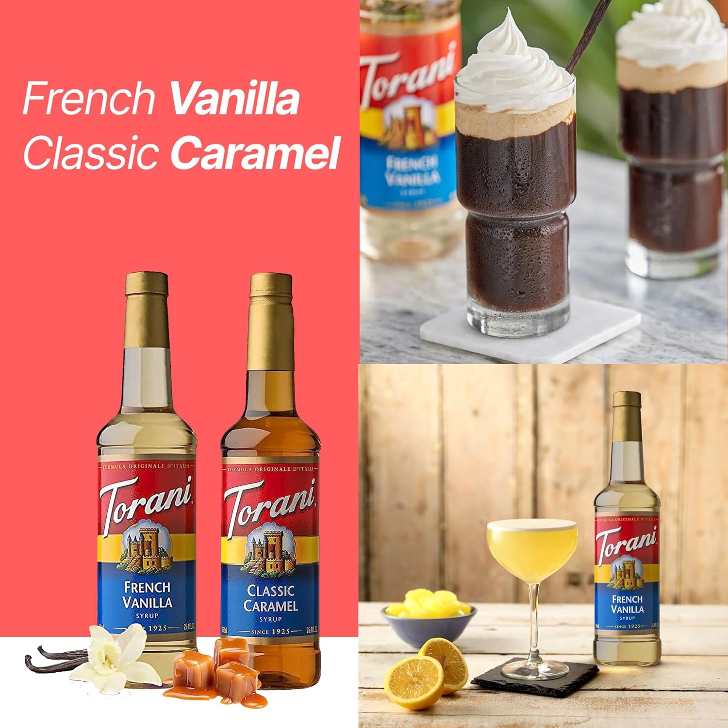 Torani Coffee Syrup Variety Pack - French Vanilla and Classic Caramel Syrup for Coffee with 2 Jimoco Syrup Pump Dispenser Compatible with Torani Syrup