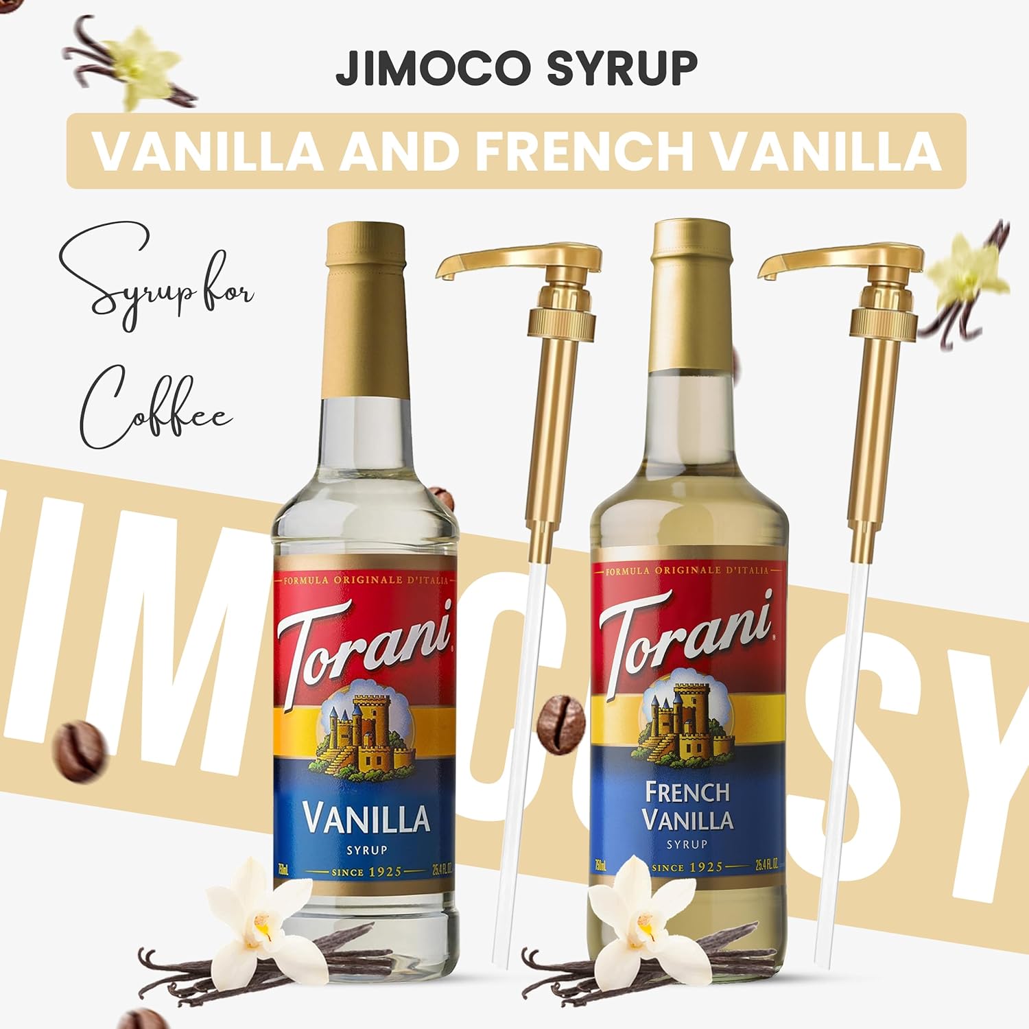 Torani Coffee Syrup Variety Pack - French Vanilla & Vanilla Syrup for Coffee with 2 Jimoco Syrup Pump Dispenser Compatible with Torani Syrup 25.4 Ounces for Flavored Coffee, Italian Soda, Lattes, Frappes