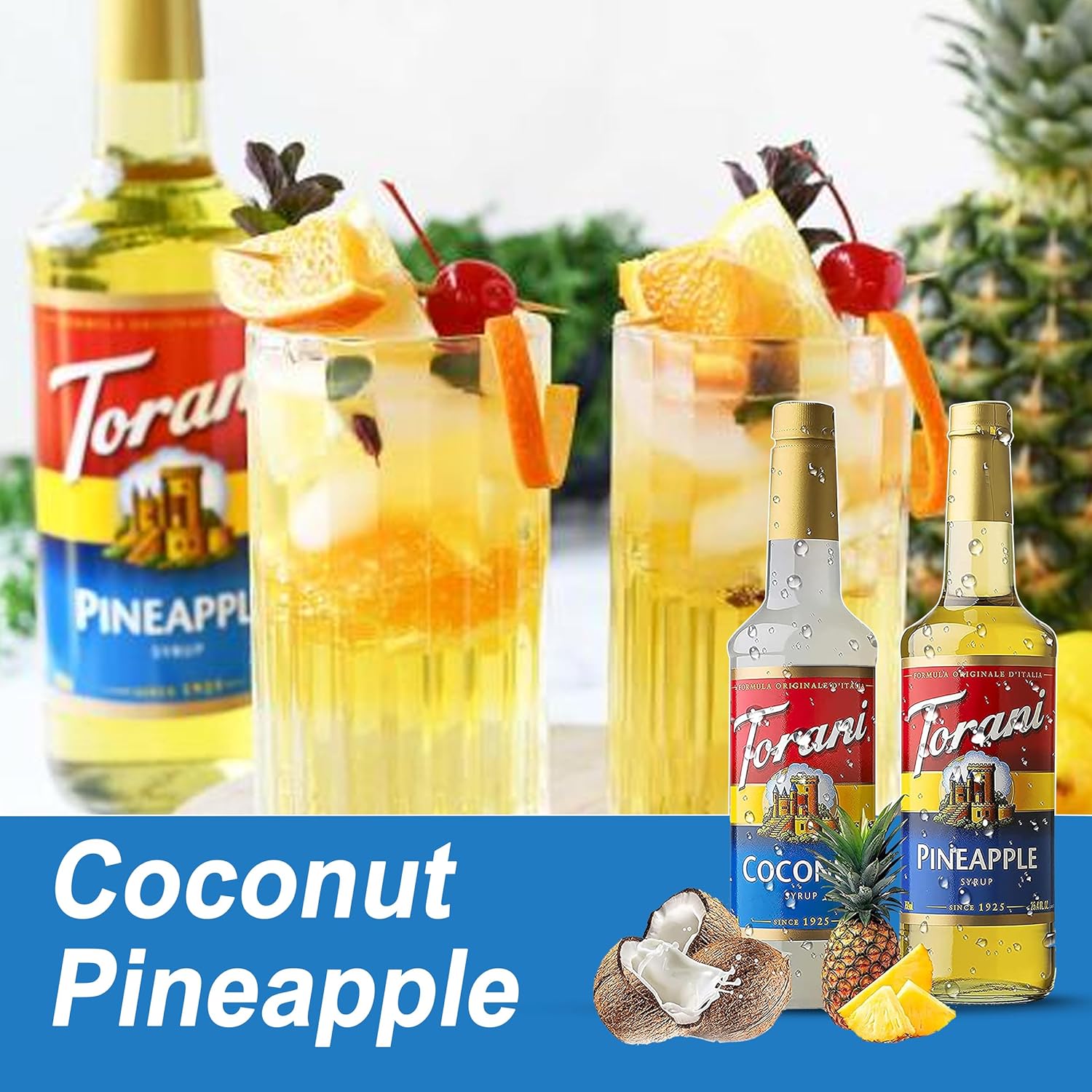 Torani Coffee Syrup Variety Pack - Pineapple and Coconut Syrup for Coffee with 2 Jimoco Syrup Pump Dispenser Compatible with Torani Syrup