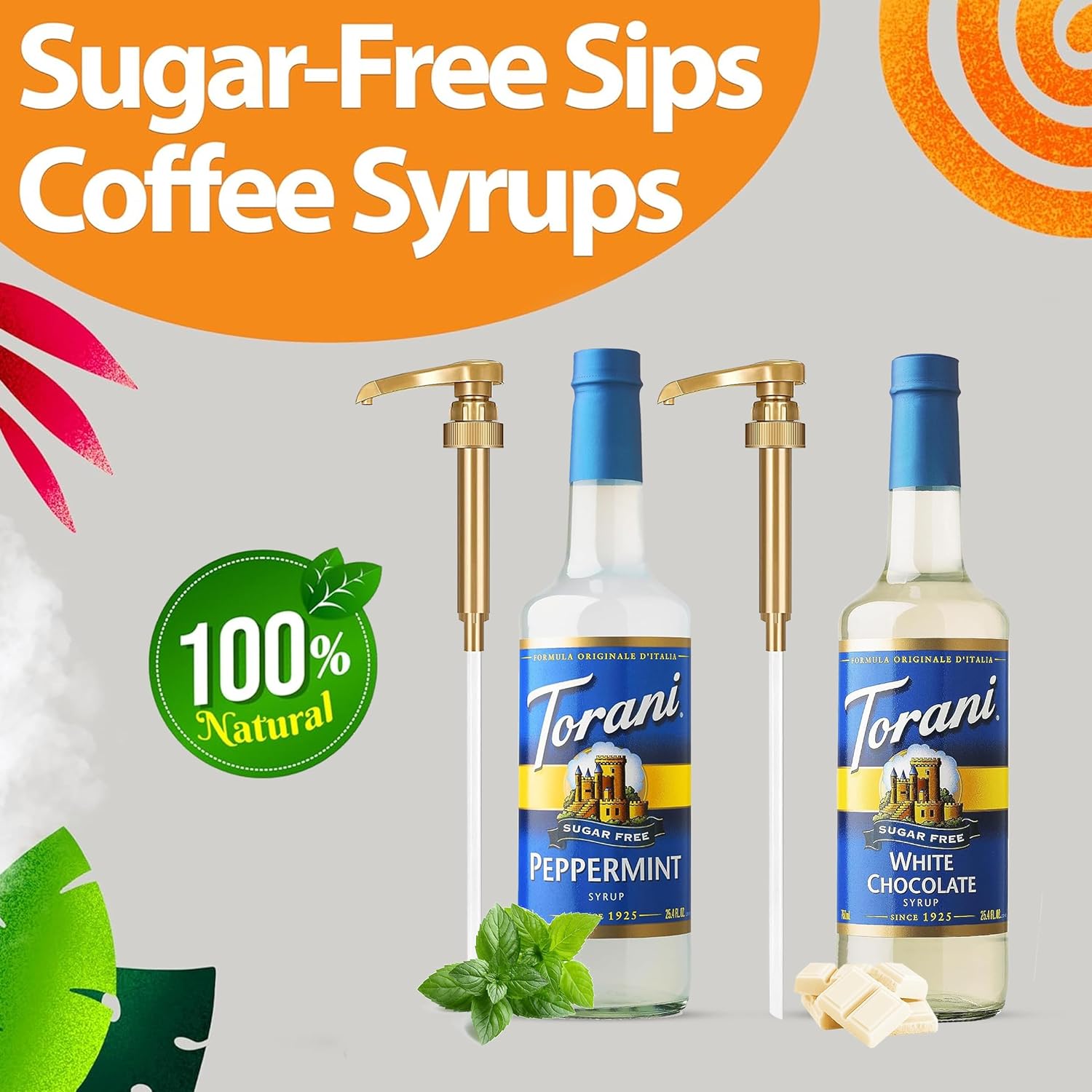 Coffee Syrup Variety Pack - Sugar Free Peppermint and White Chocolate Syrup for Coffee with 2 Jimoco Syrup Pump Dispenser Compatible with Torani Syrup 25.4 Ounces for Peppermint and White Chocolate Flavored Coffee, Italian Soda, Lattes, Frappes