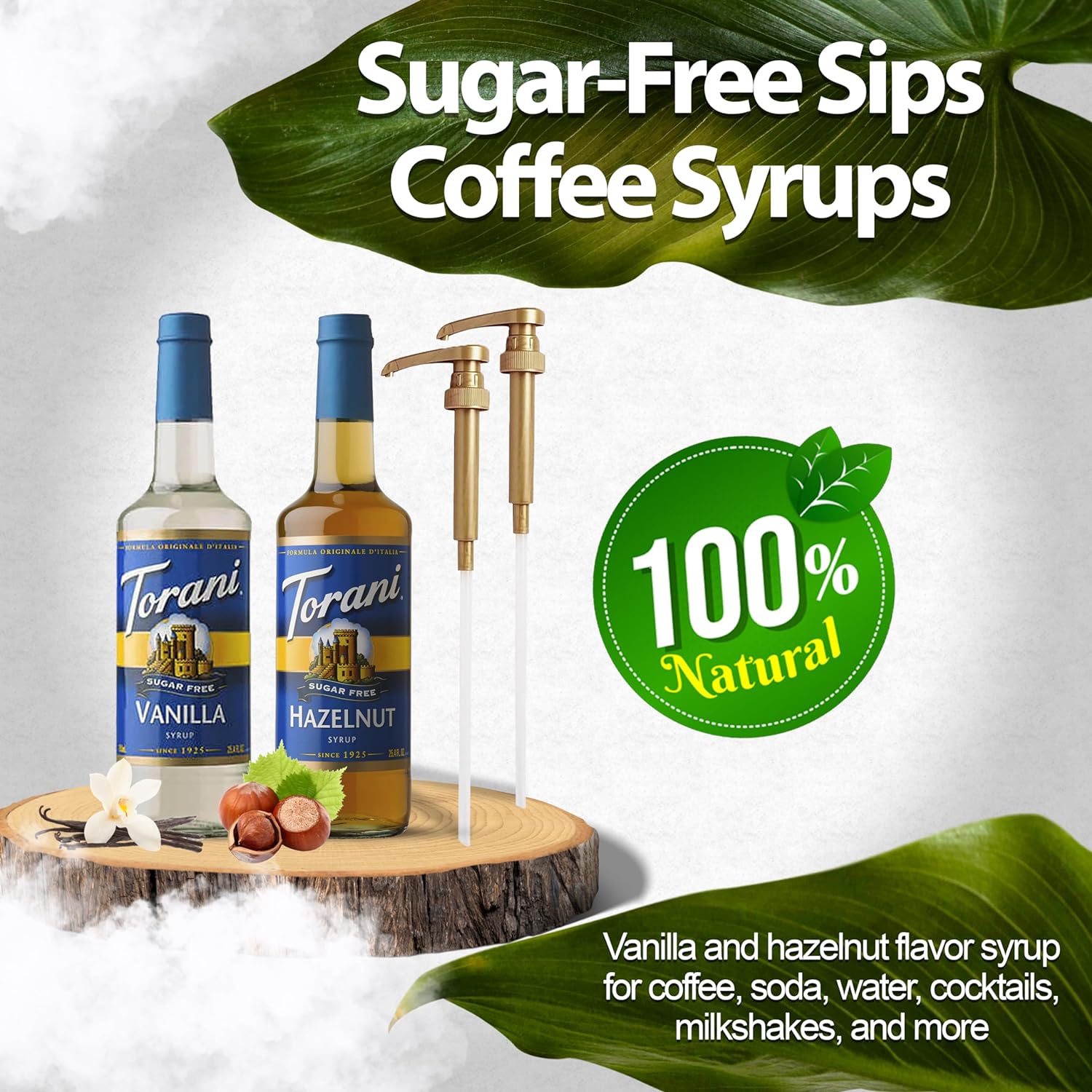 Coffee Syrup Variety Pack - Sugar Free Vanilla and Hazelnut Syrup for Coffee with 2 Jimoco Syrup Pump Dispenser Compatible with Torani Syrup 25.4 Ounces for Vanilla & Hazelnut Flavored Coffee, Italian Soda, Lattes, Frappes