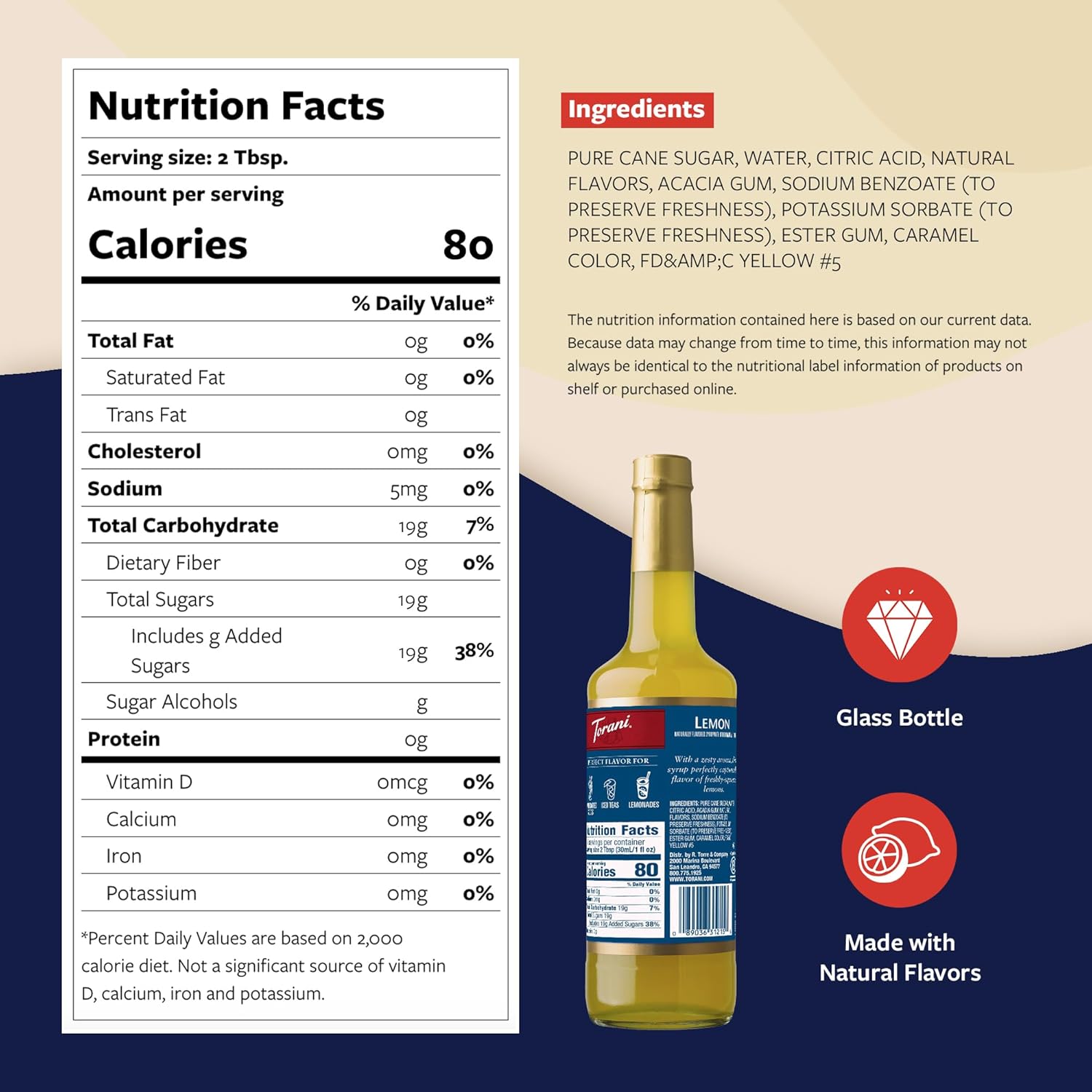 Torani Lemon Syrup for Drinks, Flavoring for Iced Tea, Sodas, and Cocktails, Glass Bottle with Pump Included, 25.4 Fl Oz