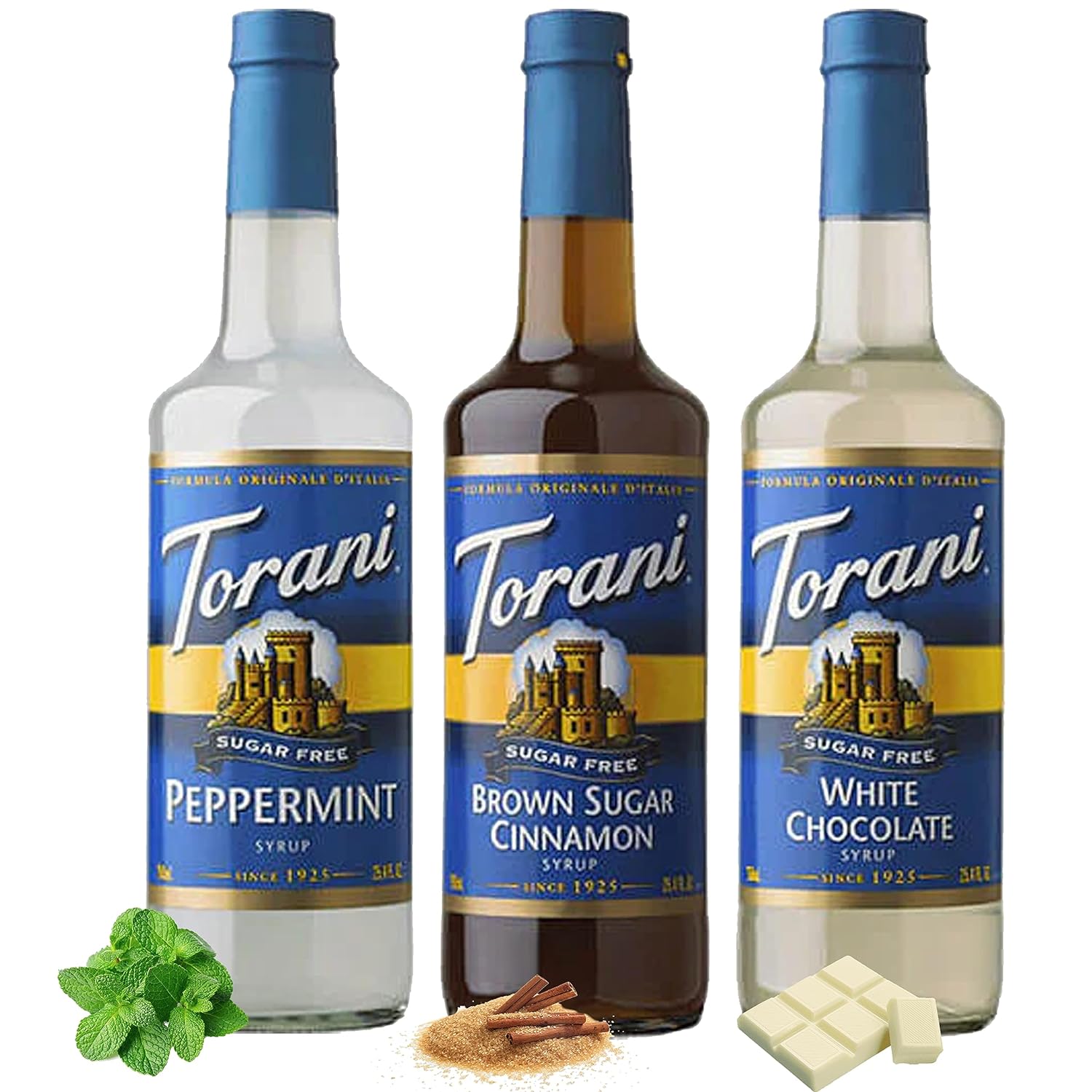 Sugar-Free Syrup Trio - SF Brown Sugar Cinnamon,Peppermint,& White Chocolate - Coffee & Italian Soda Flavoring for Drinks Three 25.4 Oz Bottles with 3 Jimoco Pumps