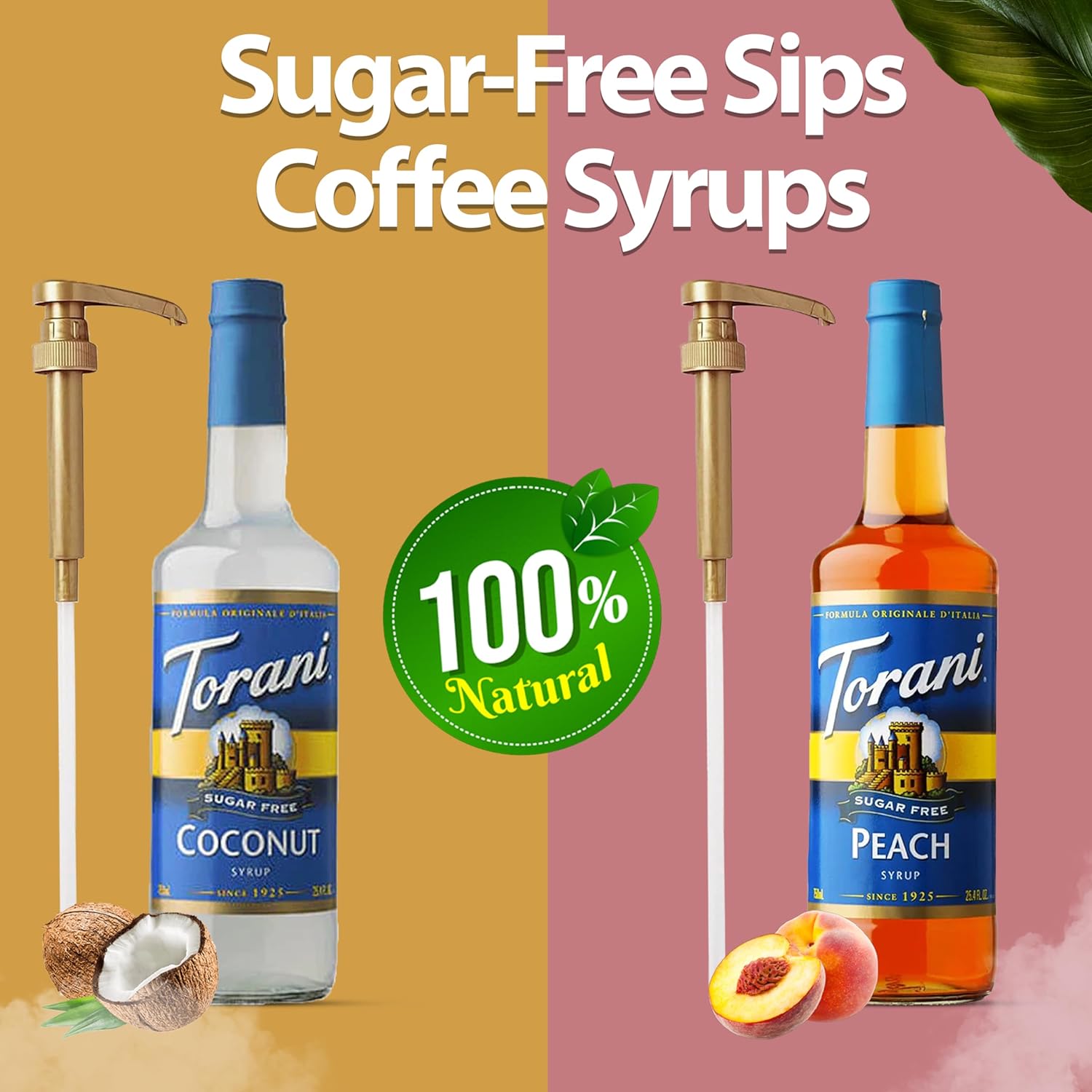 Coffee Syrup Variety Pack - Sugar Free Coconut and Peach Syrup for Coffee with 2 Jimoco Syrup Pump Dispenser Compatible with Torani Syrup 25.4 Ounces for Coconut and Peach Flavored Coffee, Italian Soda, Lattes, Frappes