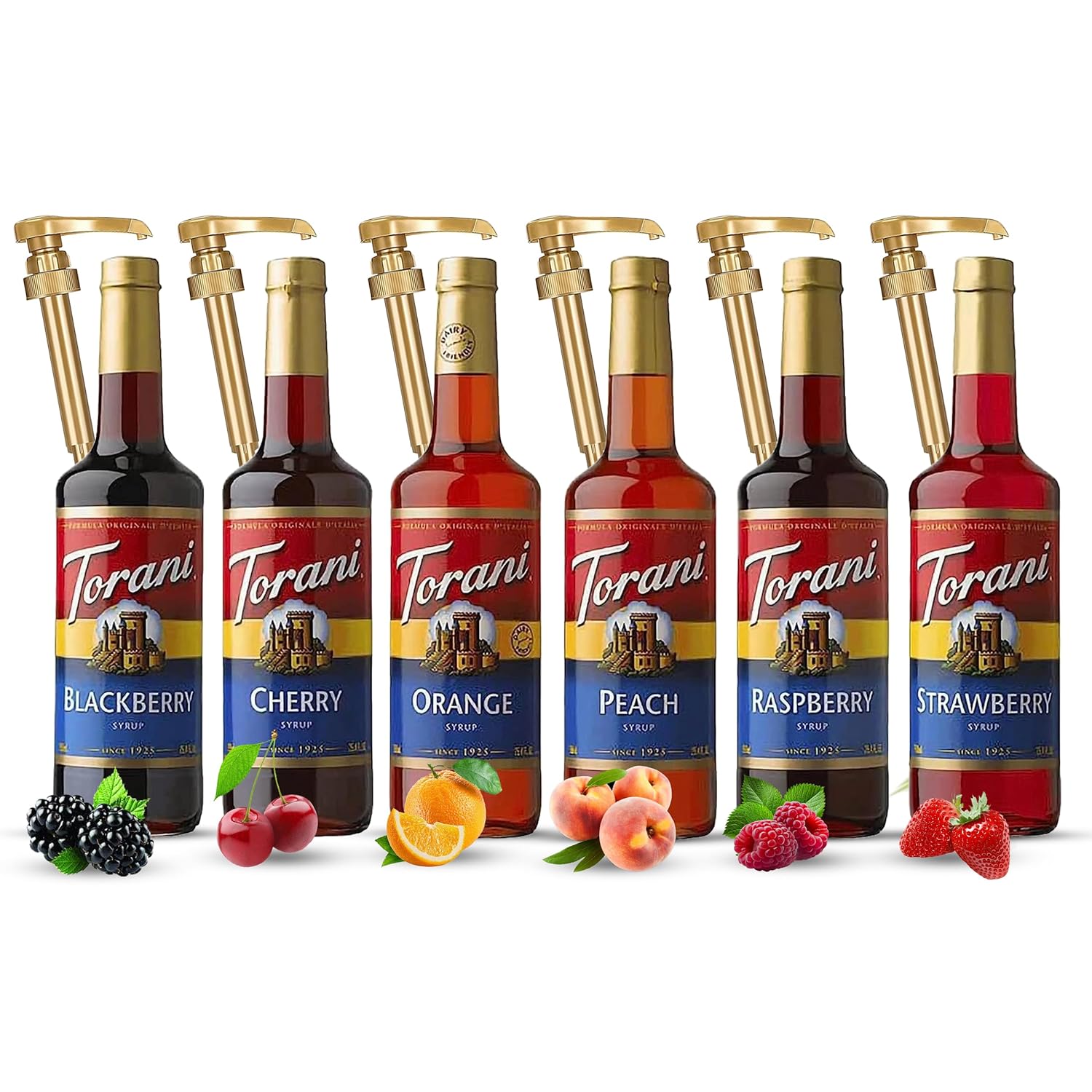 Torani Fruit Bowl Syrup 6 Pack Summer Flavors, Raspberry, Strawberry, Blackberry, Cherry, Orange and Peach - For Italian Soda Coffee, Lattes, Frappes With 6 Jimoco Pump Dispensers