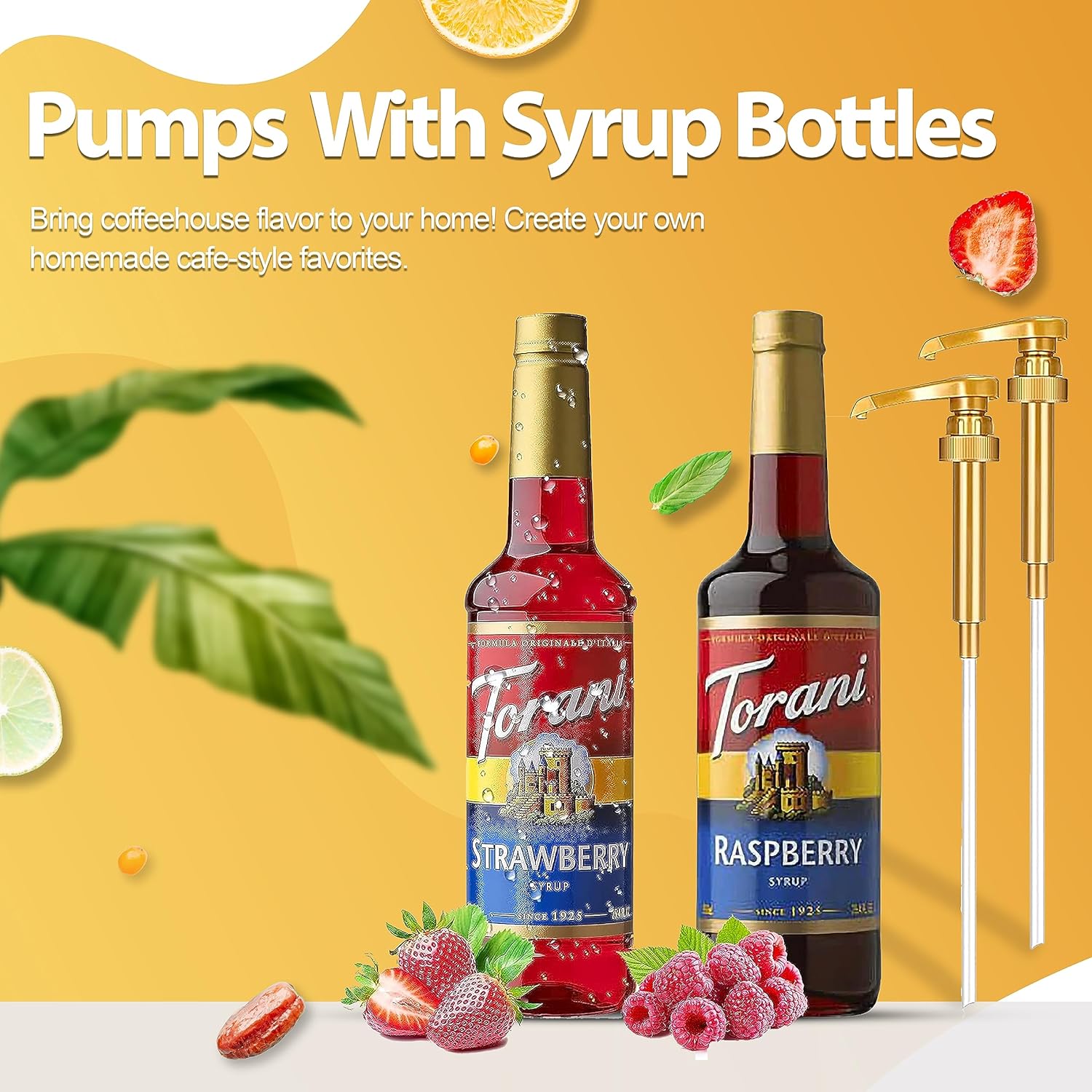 Jimoco Syrup Pumps, Compatible with Torani Syrup Bottles and Includes 1 of Each, French Vanilla and Classic Caramel 750 ml Coffee Syrup Flavoring (Raspberry& Strawberry)