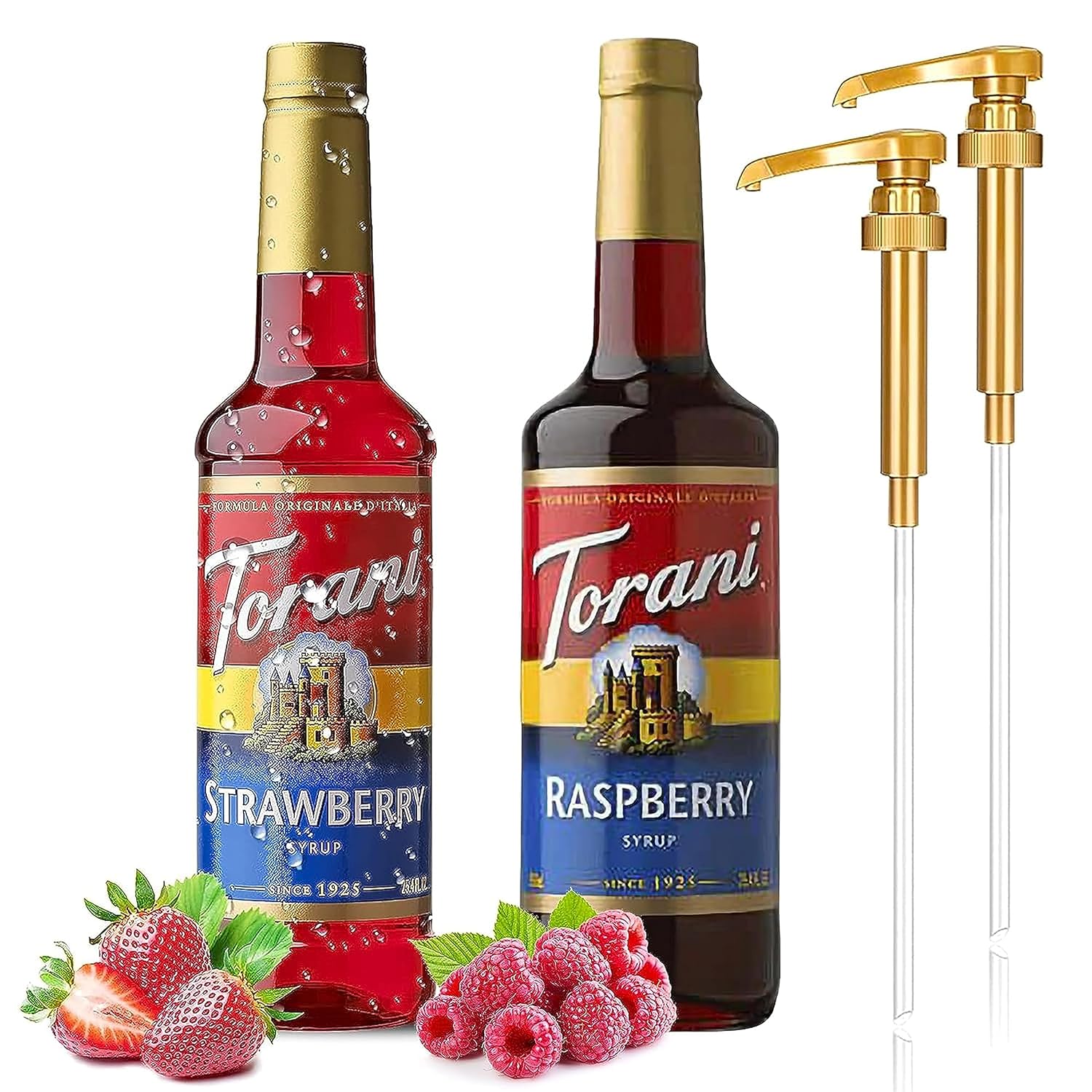 Jimoco Syrup Pumps, Compatible with Torani Syrup Bottles and Includes 1 of Each, French Vanilla and Classic Caramel 750 ml Coffee Syrup Flavoring (Raspberry& Strawberry)