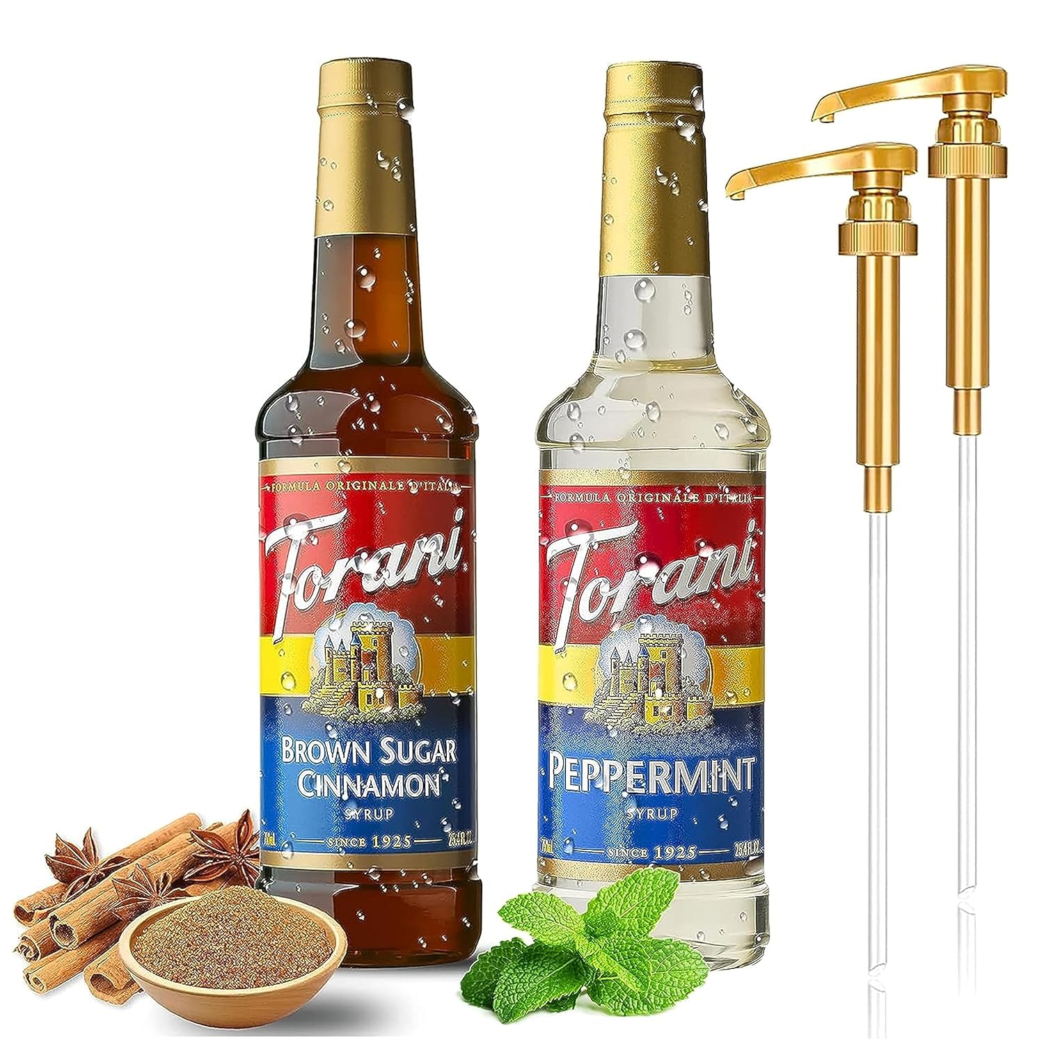 Torani Winter Flavors Coffee and Tea Syrup Variety Pack - Peppermint and Brown Sugar Cinnamon Syrup for Coffee with 2 Jimoco Syrup Pump Dispenser