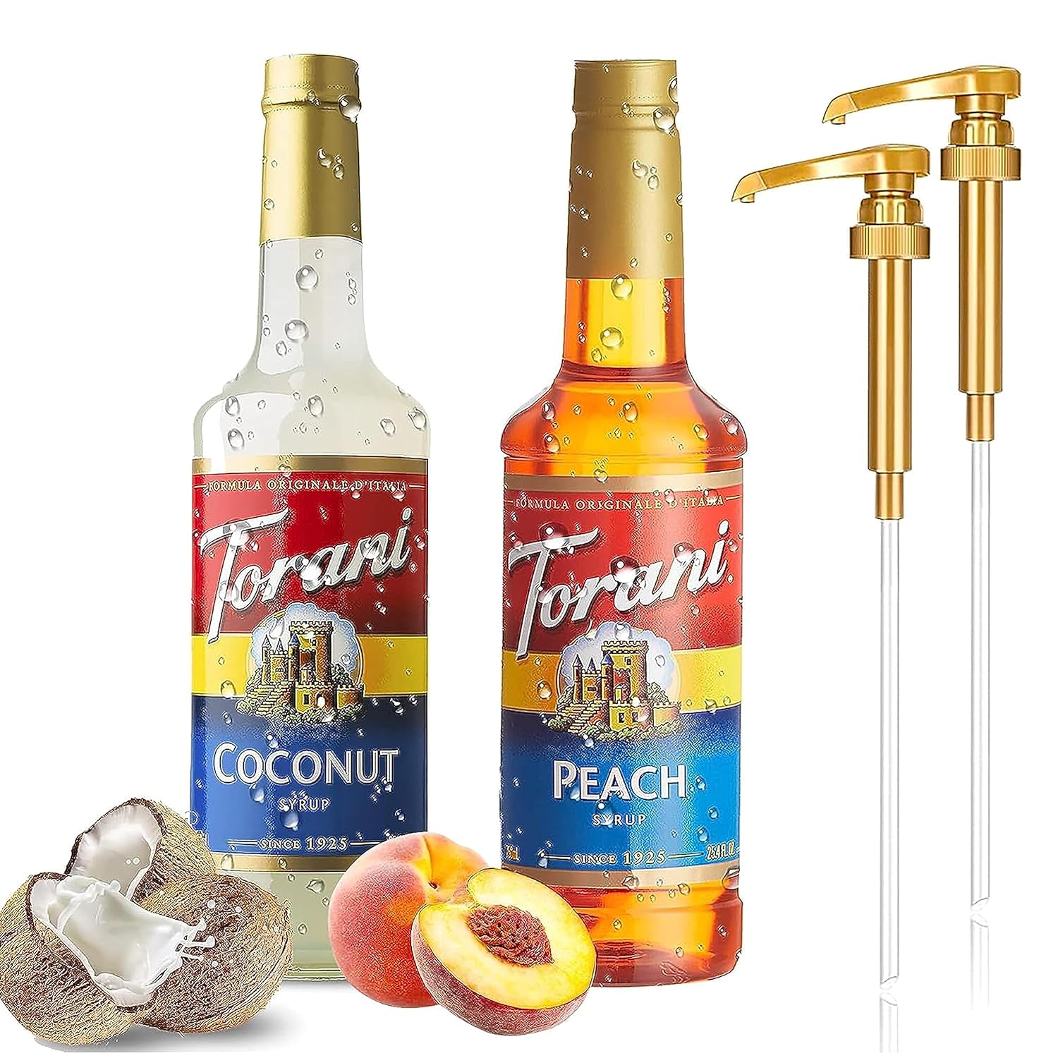 Torani Coffee and Tea Syrup Variety Pack - Coconut and Peach Syrup for Coffee with 2 Jimoco Syrup Pump Dispenser Compatible with Torani Syrup