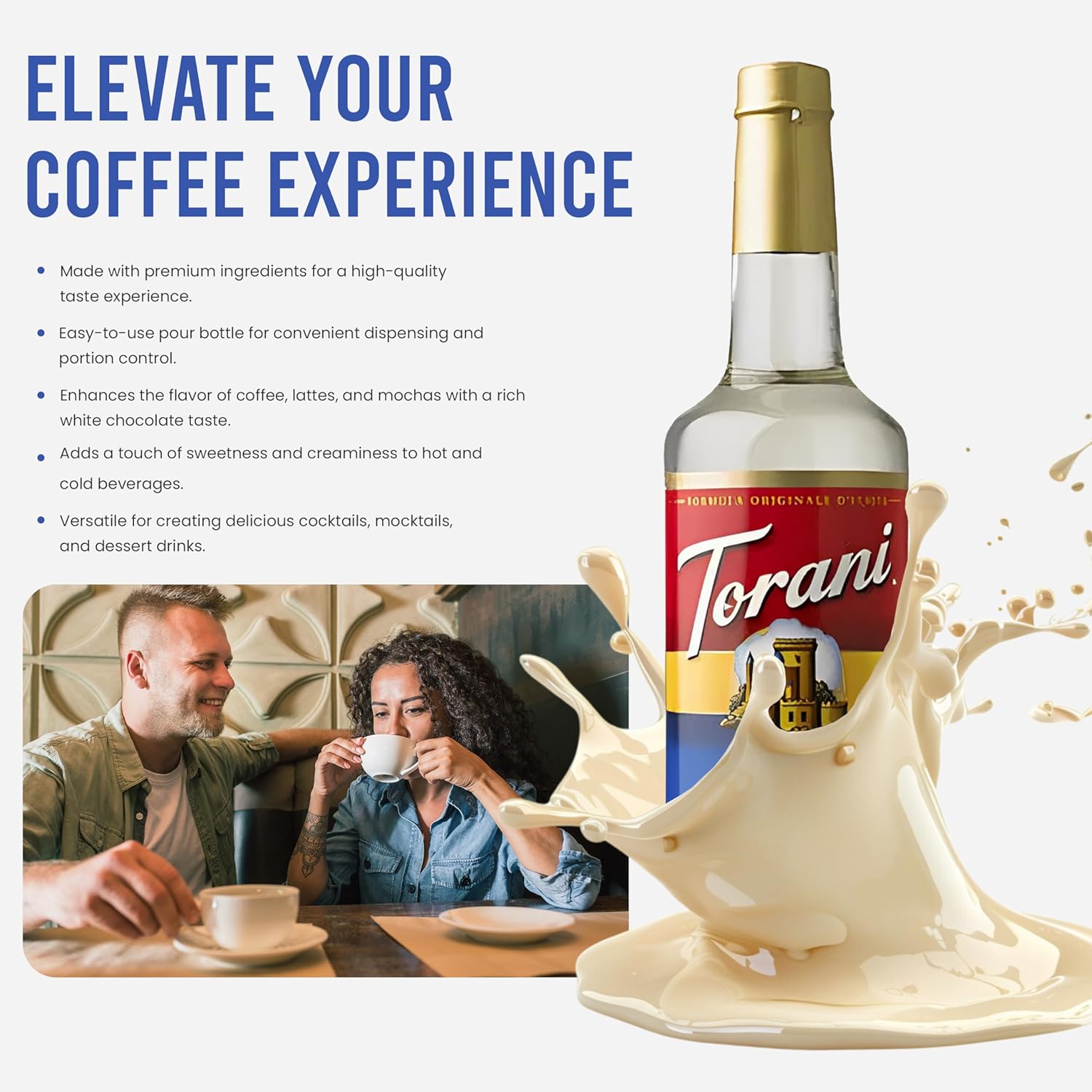 Torani White Chocolate Syrup for Coffee and Ice Cream & Soda Flavoring-25.4 Ounces (Pack of 4) with 4 Jimoco Pump Dispensers