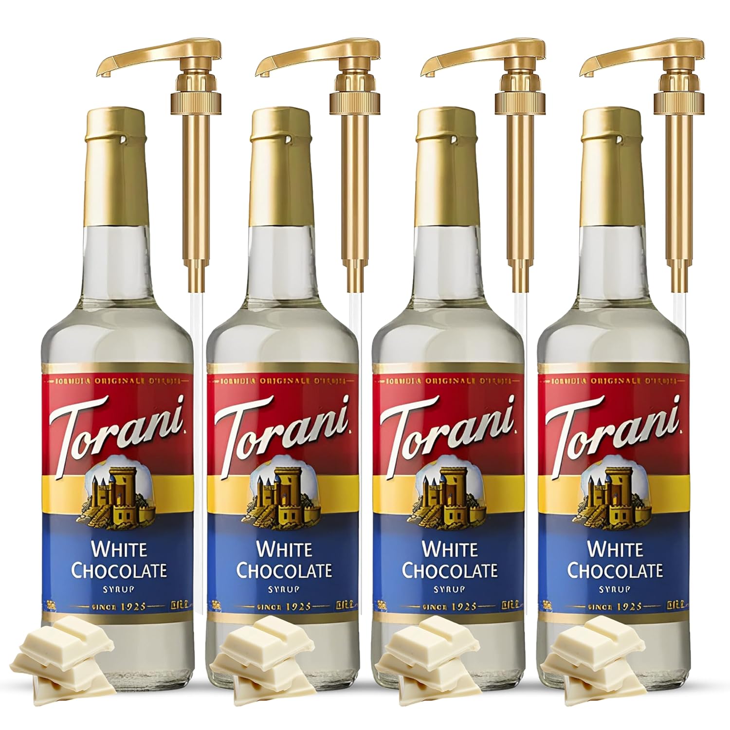 Torani White Chocolate Syrup for Coffee and Ice Cream & Soda Flavoring-25.4 Ounces (Pack of 4) with 4 Jimoco Pump Dispensers