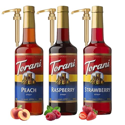 Torani Raspberry, Strawberry, Peach Syrup - Fruit Flavors For Italian Soda Flavoring - 3 Pack with 3 Jimoco Pump Dispensers