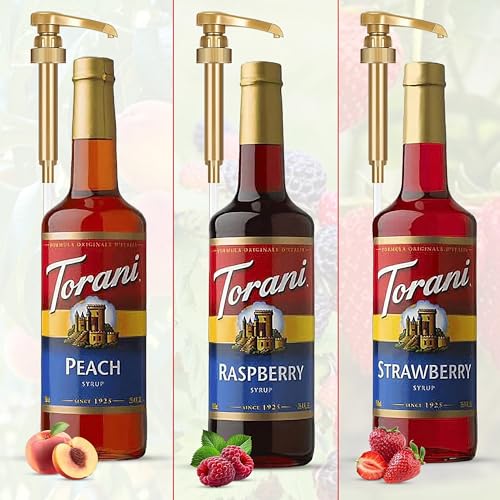 Torani Raspberry, Strawberry, Peach Syrup - Fruit Flavors For Italian Soda Flavoring - 3 Pack with 3 Jimoco Pump Dispensers