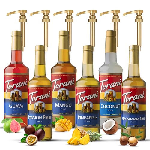 Torani Summer Variety Syrup 6 Pack - Macadamia Nut, Pineapple, Coconut, Mango, Guava & Passion Fruit Syrups For Coffee,Italian Soda, Lattes, Frappes With 6 Jimoco Pump Dispensers