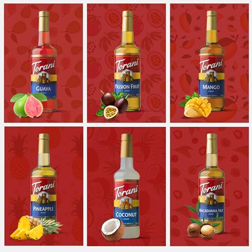 Torani Summer Variety Syrup 6 Pack - Macadamia Nut, Pineapple, Coconut, Mango, Guava & Passion Fruit Syrups For Coffee,Italian Soda, Lattes, Frappes With 6 Jimoco Pump Dispensers