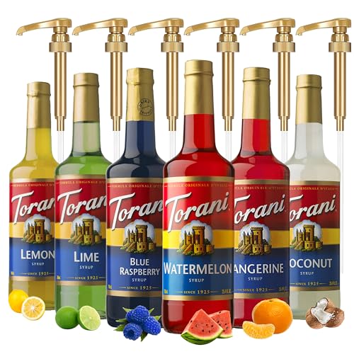 Torani Summer Variety Syrup - Lemon, Lime, Coconut, Blue Raspberry, Watermelon & Tangerine Syrups For Coffee,Italian Soda, Lattes, Frappes Flavor- 6 Pack With 6 Jimoco Pumps