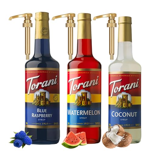 Torani Summer Syrup 3 Pack, Raspberry, Watermelon & Coconut, Italian Soda Flavors With 3 Jimoco Pump Dispensers