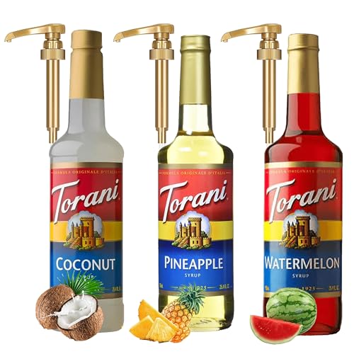 Torani Summer Syrup 3 Pack, Coconut, Pineapple & Watermelon, Italian Soda Flavors With 3 Jimoco Pump Dispensers