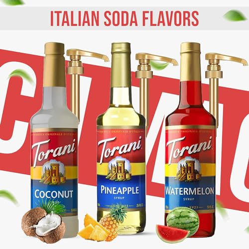 Torani Summer Syrup 3 Pack, Coconut, Pineapple & Watermelon, Italian Soda Flavors With 3 Jimoco Pump Dispensers