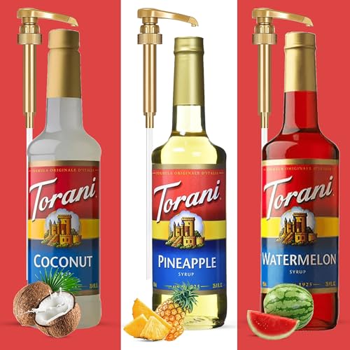 Torani Summer Syrup 3 Pack, Coconut, Pineapple & Watermelon, Italian Soda Flavors With 3 Jimoco Pump Dispensers