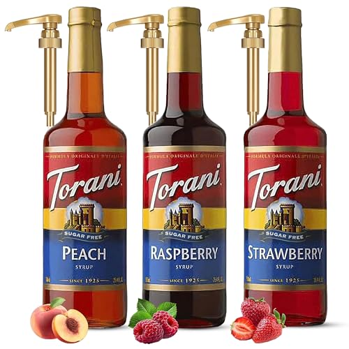 Sugar-Free Syrup Trio - Peach, Strawberry & Raspberry with 3 Jimoco Pump Dispensers- Coffee & Italian Soda Flavoring for Drinks Three 25.4 Oz Bottles