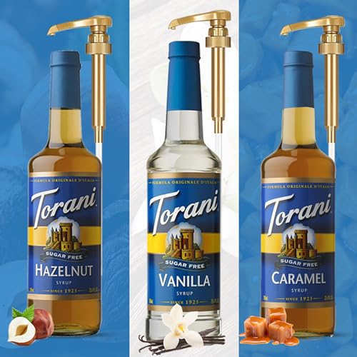 Torani Sugar Free Coffee and Tea Variety Pack - Caramel Hazelnut Vanilla 3 Pack With 3 Jimoco Pump Dispensers